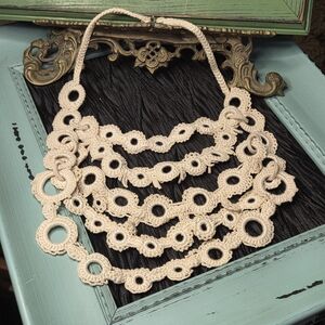Elegant Handmade Cream Lace Like Crochet Necklace 5 Tiers